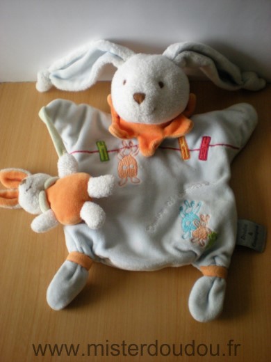 Doudou et compagnie Lapin Eliot bleu clair col orange - Bon état