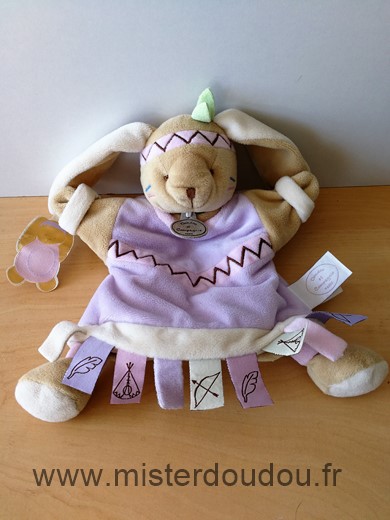 Doudou et compagnie Lapin Kalena indienne beige mauve etiquettes - Très bon état