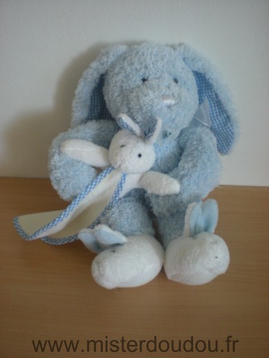 Maxita Lapin Bleu tenant bébé lapin blanc avec mouchoir blanc - Très bon état