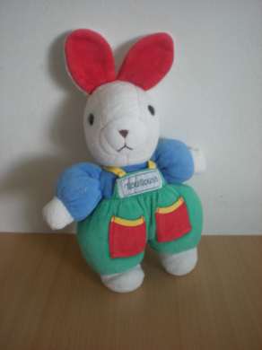 Nounours Lapin Bleu salopette verte oreilles rouges - Très bon état