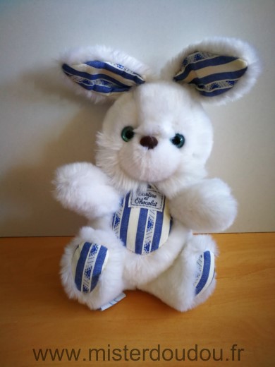 Tartine et chocolat Lapin Blanc en peluche raye bley blanc yeux bleus - Très bon état