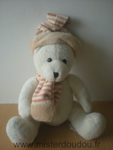 Afibel Ours Ecru bonnet echarpe rayée beige blanc - Très bon état