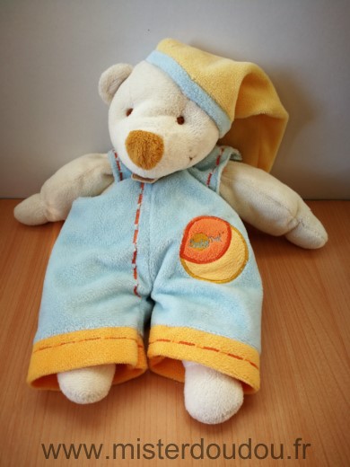 Baby nat Ours Ecru salopette bleu bonnet jaune - Très bon état