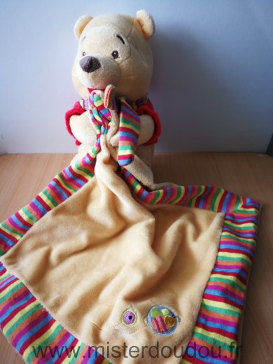 Disney Ours Winnie jaune rouge avec mouchoir couverture jaune rayures abeille - Très bon état