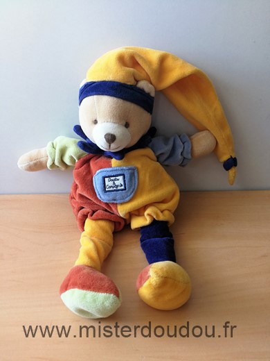 Doudou et compagnie Ours Arlequin rouge jaune bleu bonnet jaune - Très bon état