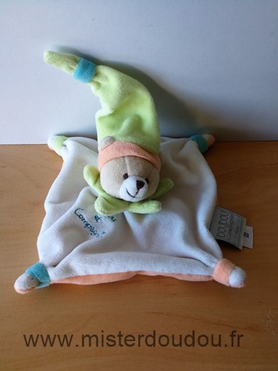 Doudou et compagnie Ours Blanc saumon bonnet vert - Très bon état