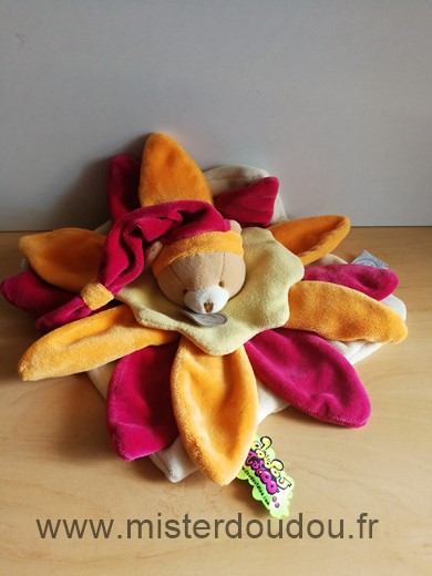 Doudou et compagnie Ours Ecru petales orange rouge - Très bon état