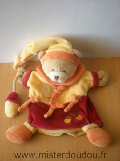 Doudou et compagnie Ours Jaune orange rouge gland - Très bon état