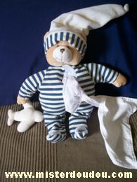 Doudou et compagnie Ours Rayé bleu-blanc - Etat moyen