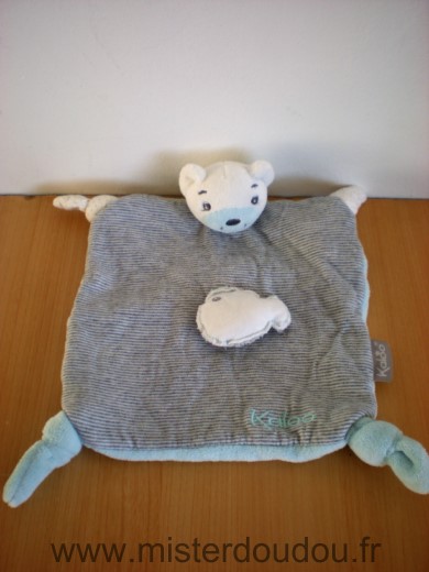 Kaloo Ours Zen dessus tissus raye gris blanc poisson blanc dessous velours bleu - Très bon état