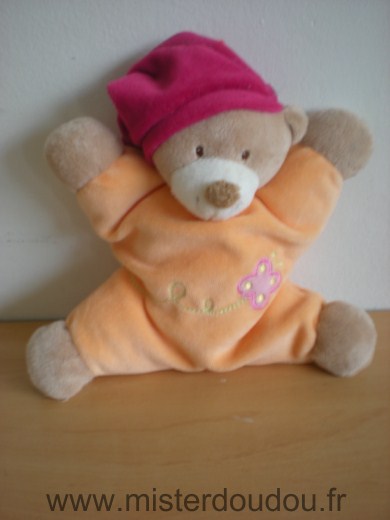 Nattou Ours Orange bonnet rose fushia motif papillon - Très bon état