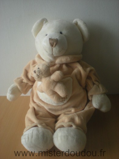 Marque Inconnue Ours Ecru beige avec bébé ours dans la poche blanche - Très bon état