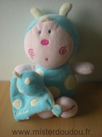 Luminou Papillon Bleu jaune rose avecpetit doudou coccinelle plat - Très bon état