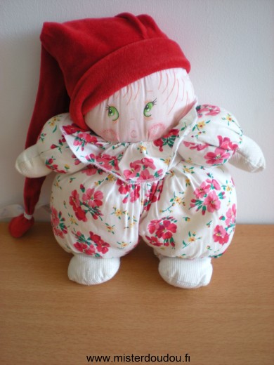 Nounours Poupée Blanc fleurs roses rouges bonnet rouge - Très bon état