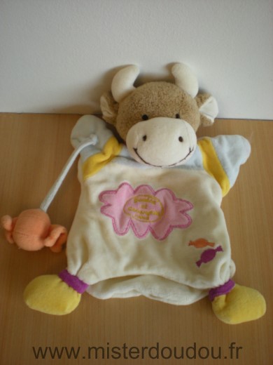 Doudou et compagnie Vache Blanc rose jaune bonbon - Très bon état