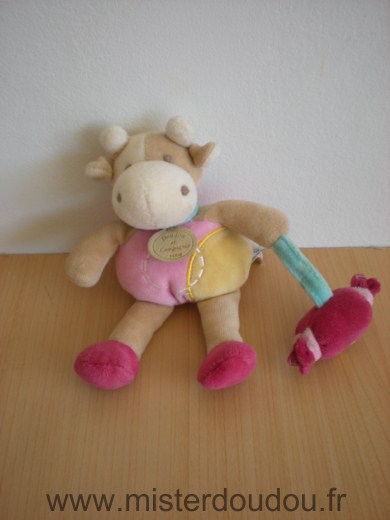 Doudou et compagnie Vache Cerise avec bonbon rose jaune rouge beige - Très bon état