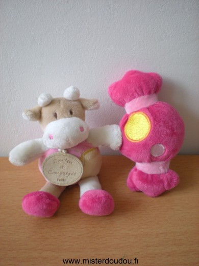 Doudou et compagnie Vache Rose jaune collier bleu bonbon rose aimanté à la main - Très bon état